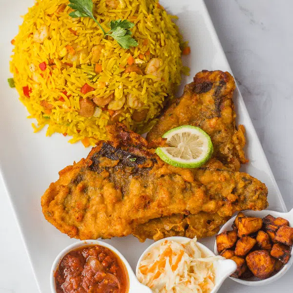 Fish with a rice selection
